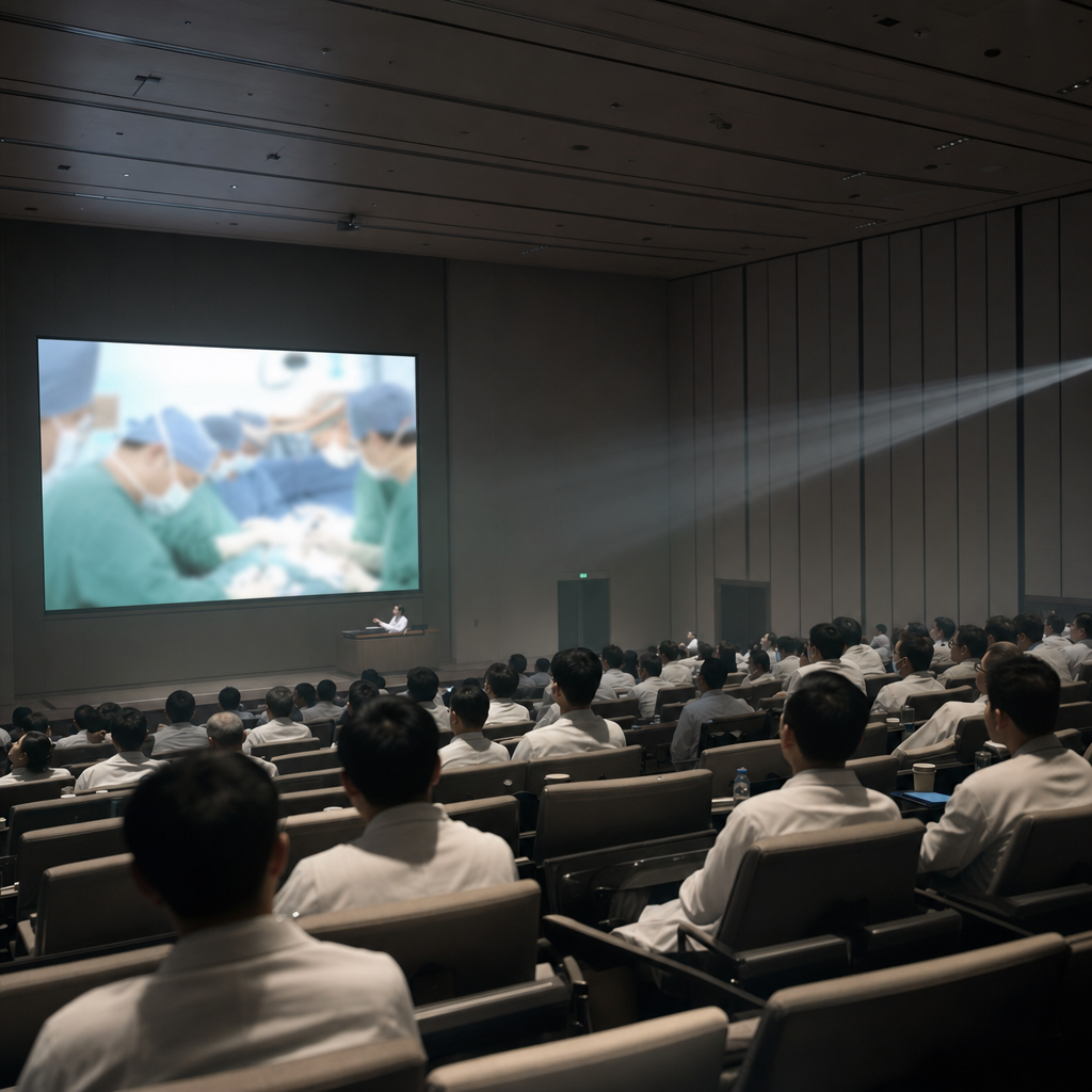 Medical conference audience watching a live surgery on a large screen