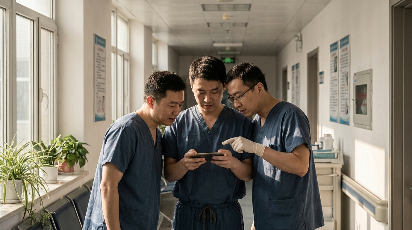 Surgeons watching a live surgery stream together in a hospital corridor
