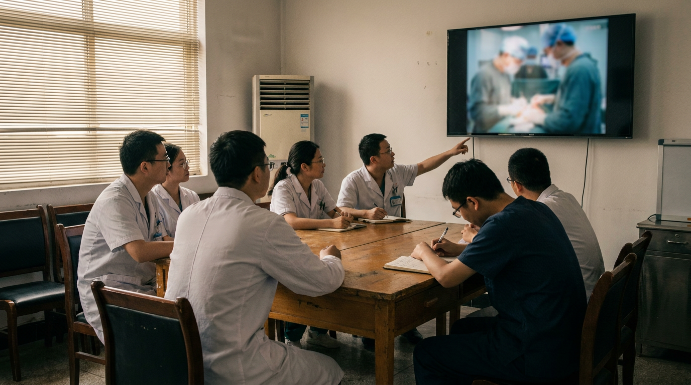 Physicians at a county hospital studying a live surgery broadcast together