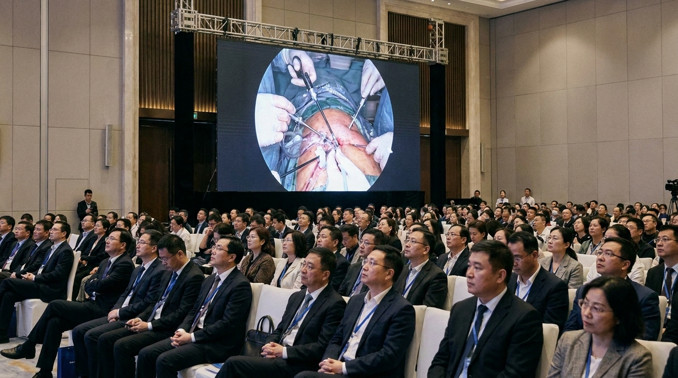 Conference hall screen showing live laparoscopic surgery